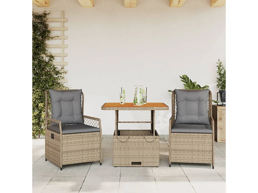 Ylva  Ensemble à manger de jardin et coussins 3 pcs Beige poly rotin