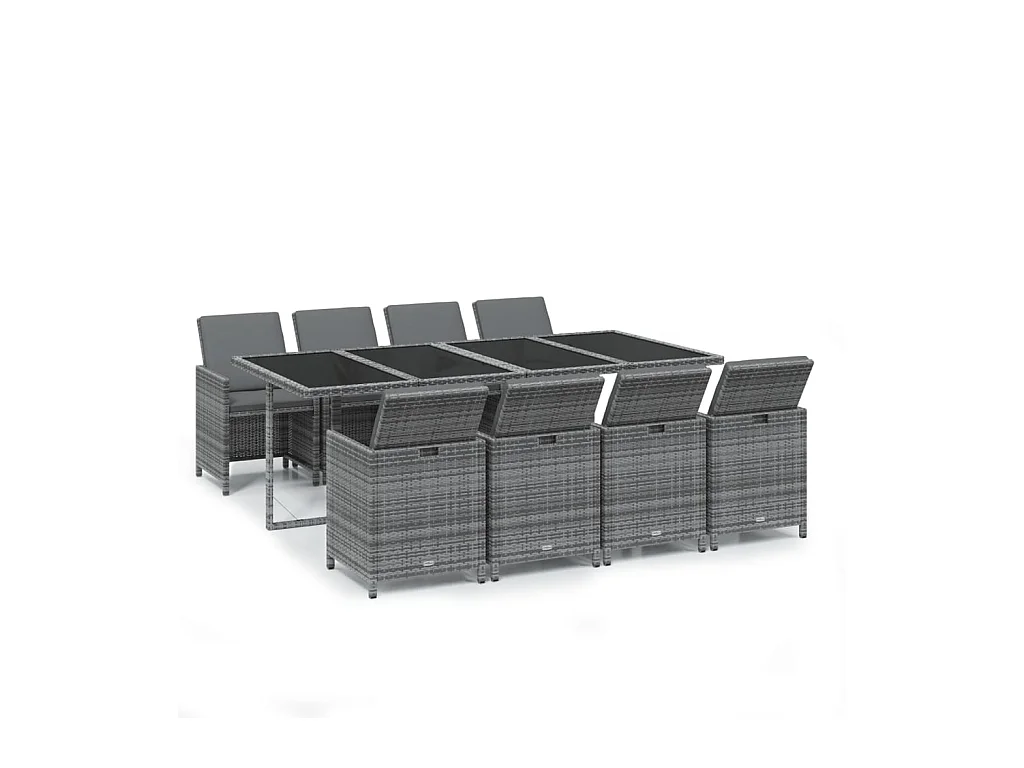 Hugo  Set comedor jardín 9 pzas y cojines ratán sintético gris