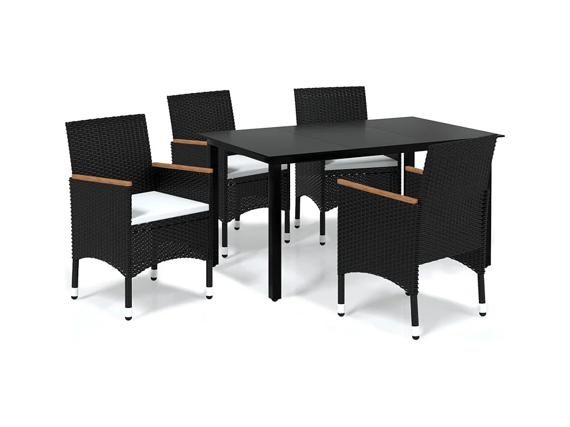 Wausau  Ensemble à dîner de jardin avec coussins 5 pcs poly rotin noir