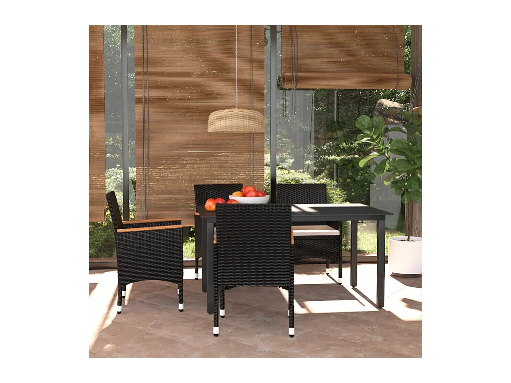 Wausau  Ensemble à dîner de jardin avec coussins 5 pcs poly rotin noir