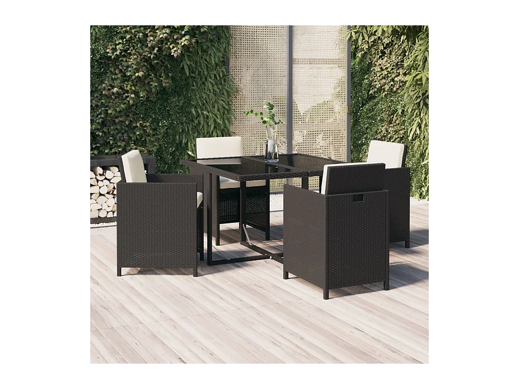 Hugo  Set comedor de jardín 5 pzas con cojines ratán sintético negro