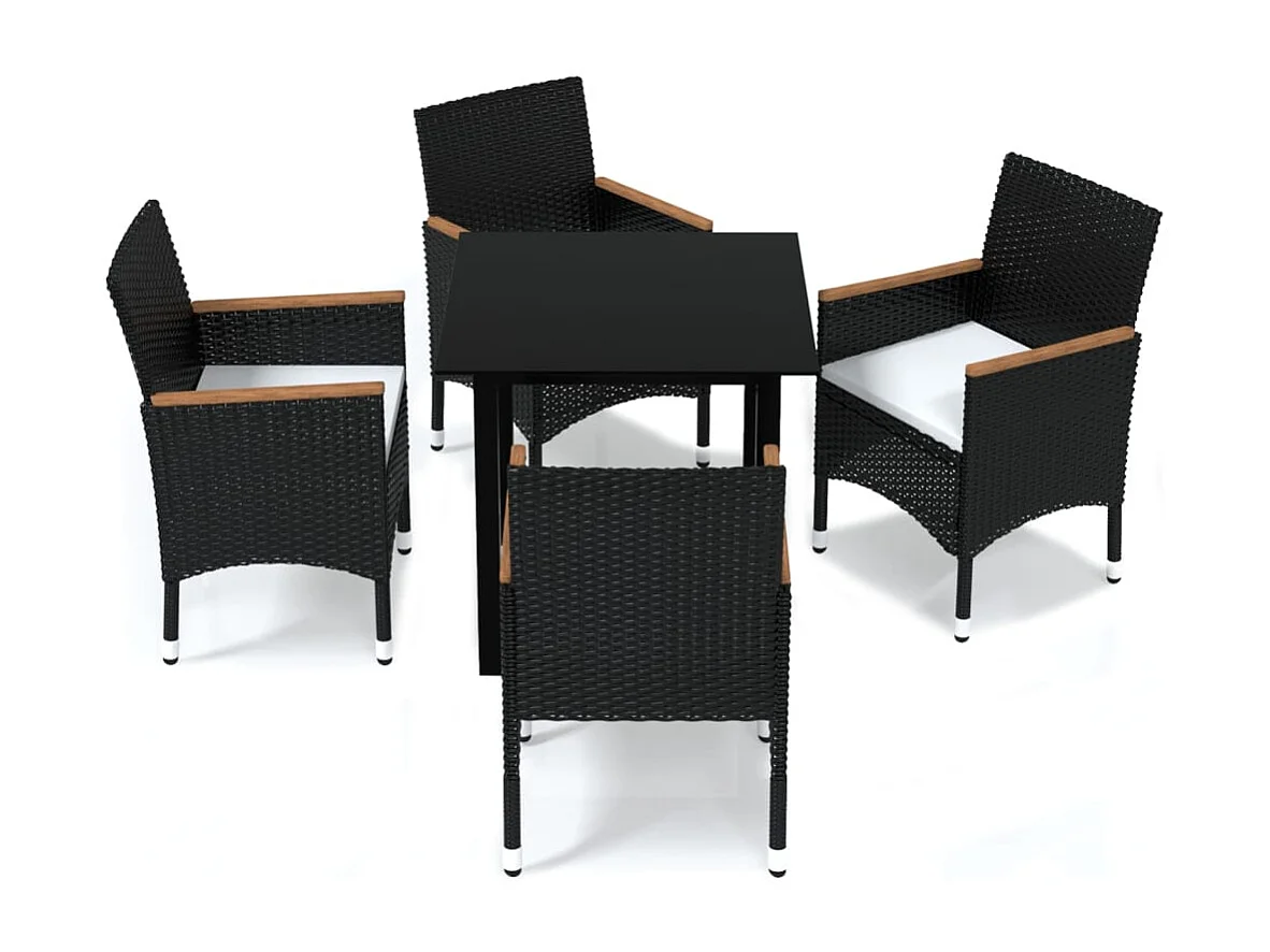 Wausau  Ensemble à dîner de jardin avec coussins 5 pcs poly rotin noir