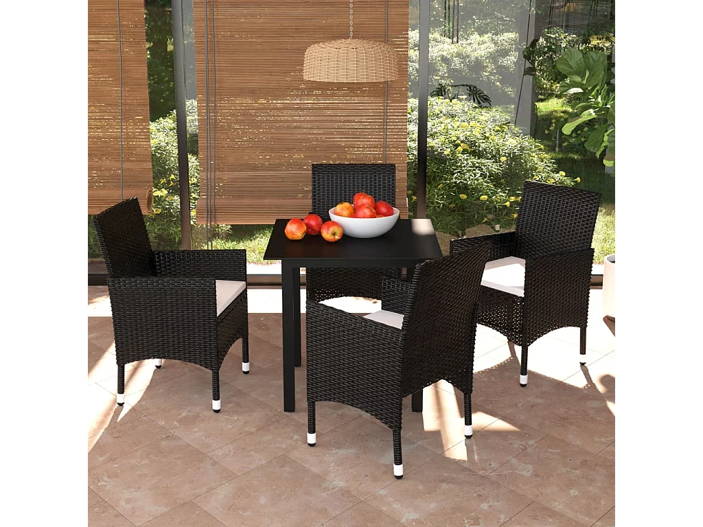 Wausau  Ensemble à dîner de jardin avec coussins 5 pcs poly rotin noir