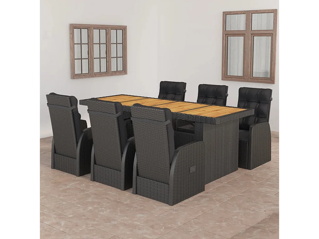 Doulough  Salon de jardin 7 pcs avec coussins résine tressée noir