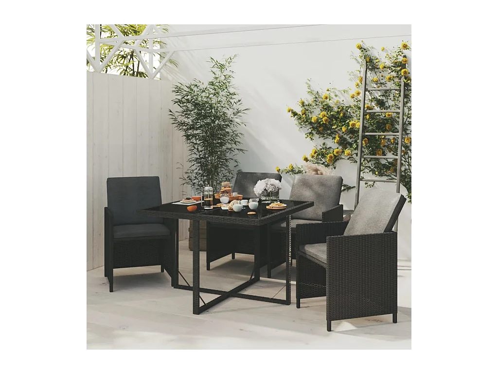 Hugo  Set comedor de jardín 5 pzas con cojines ratán sintético negro