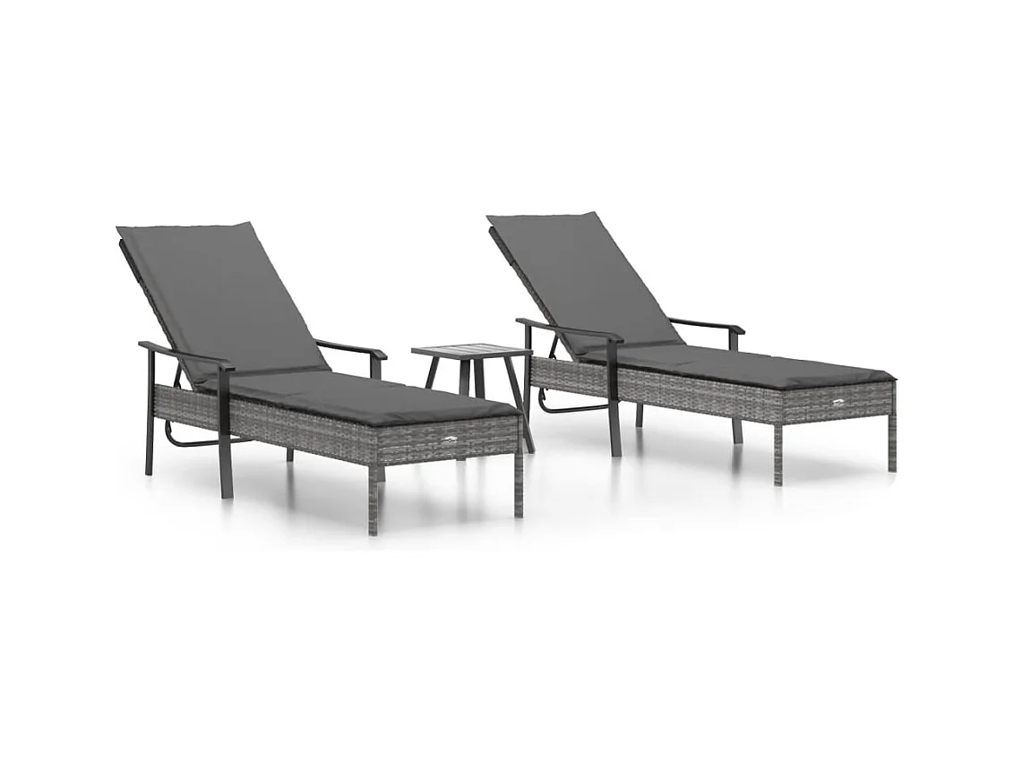 François-Daniel  Chaises longues lot de 2 avec table et coussins gris poly rotin