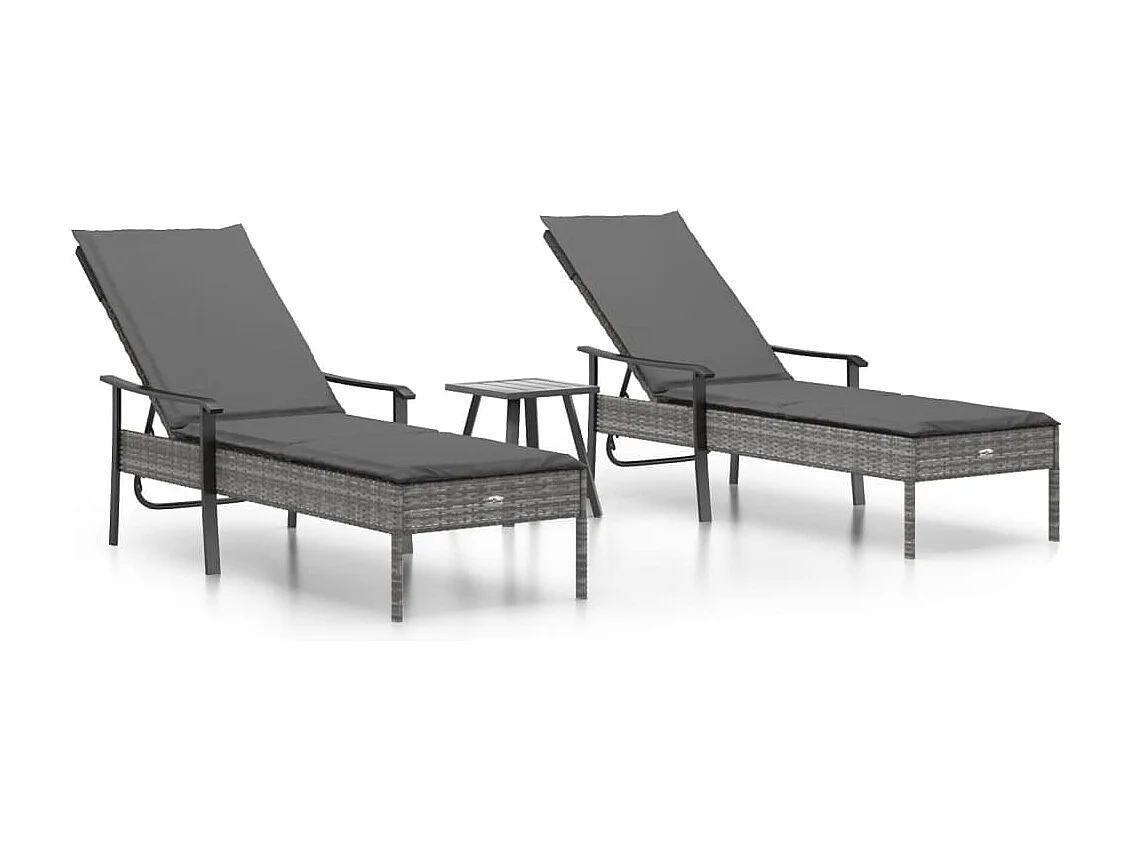 François-Daniel  Chaises longues lot de 2 avec table et coussins gris poly rotin