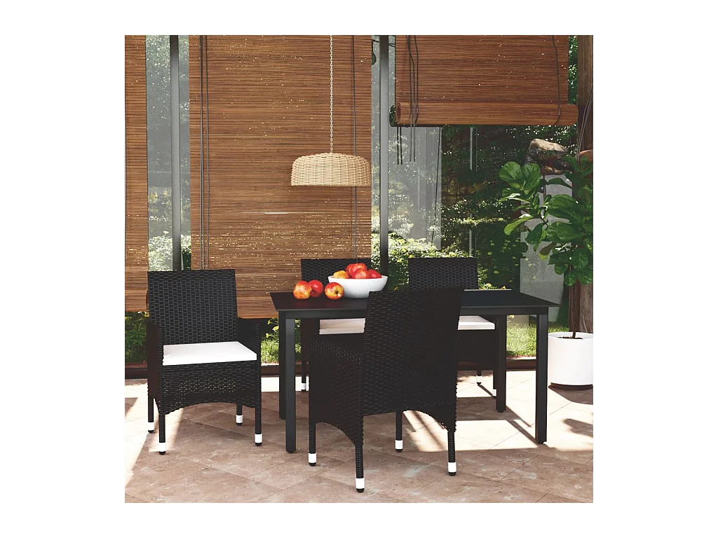 Wausau  Ensemble à dîner de jardin avec coussins 5 pcs poly rotin noir