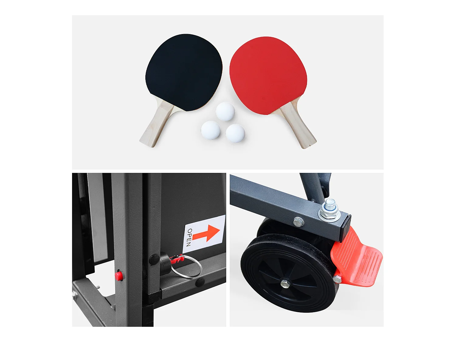 Table de ping pong INDOOR gris - table pliable avec 2 raquettes et 3 balles. pour utilisation intérieure. sport tennis de table