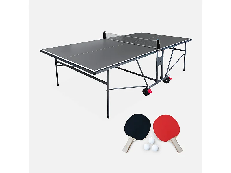 Table de ping pong INDOOR gris - table pliable avec 2 raquettes et 3 balles. pour utilisation intérieure. sport tennis de table