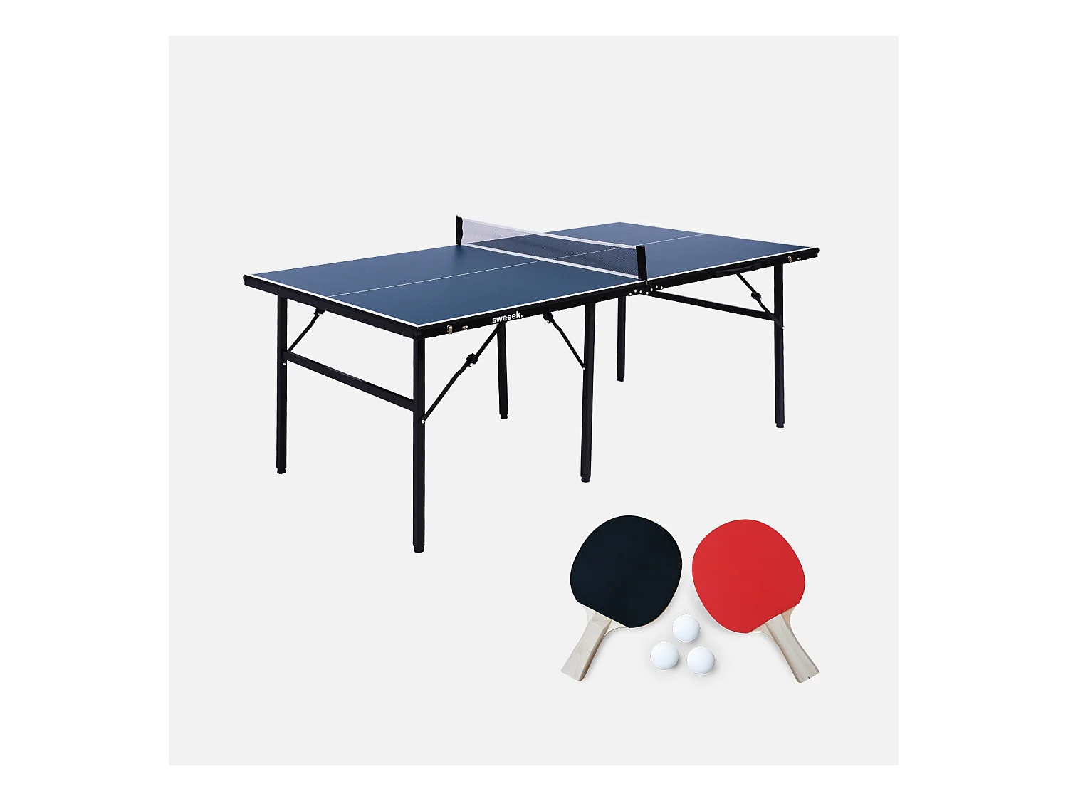 Table de ping pong d'intérieur médium. bleu. avec 2 raquettes et 3 balles