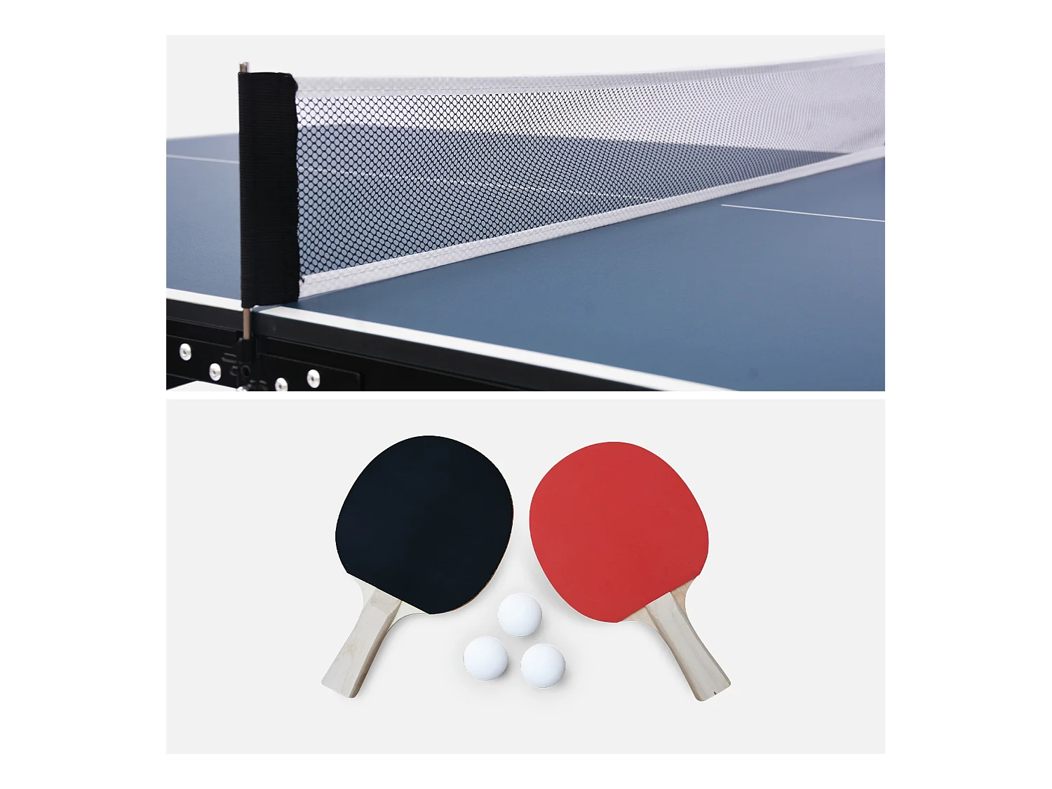 Table de ping pong d'intérieur médium. bleu. avec 2 raquettes et 3 balles