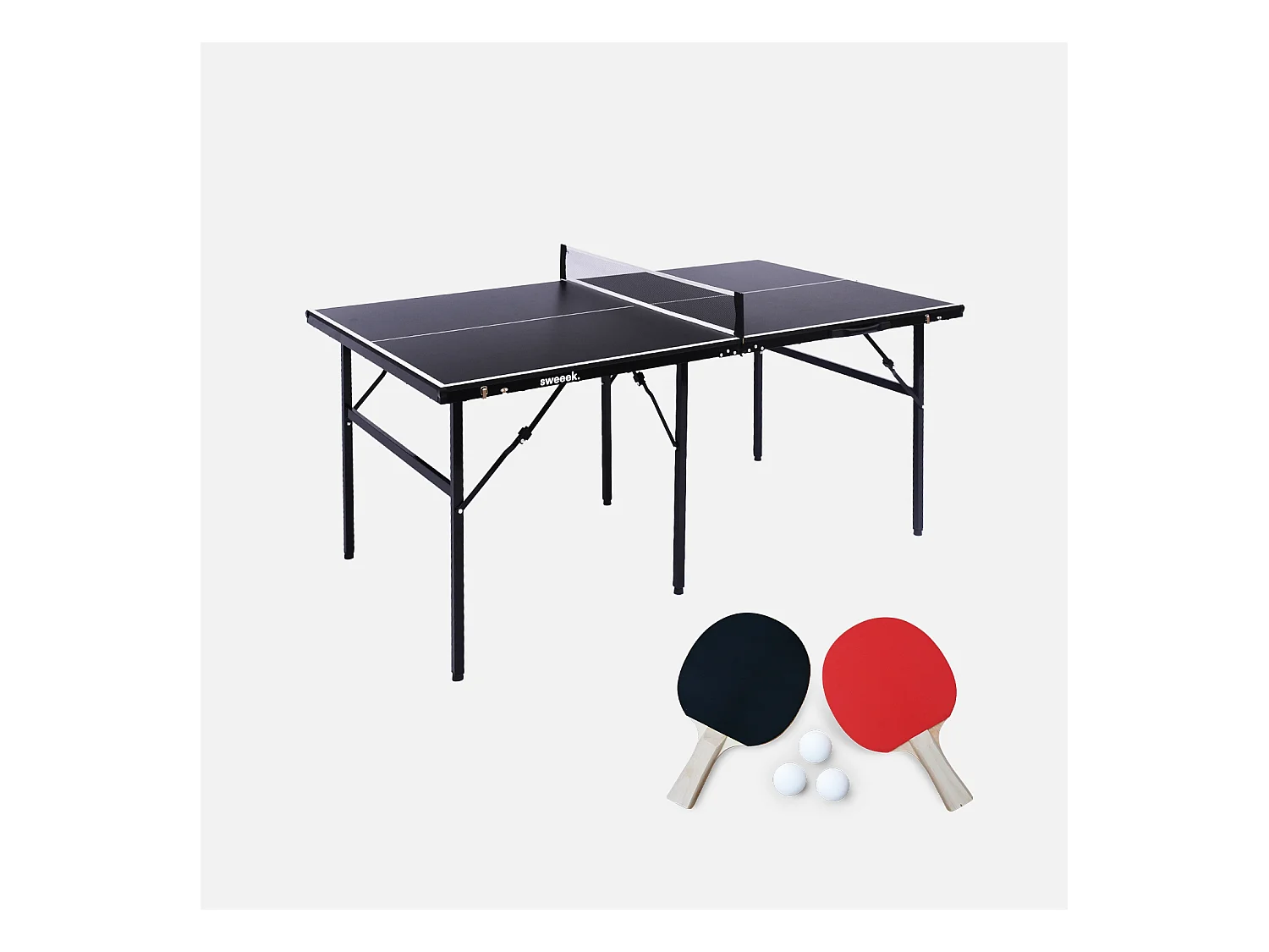 Table de ping pong d'intérieur médium. noir.  avec 2 raquettes et 3 balles