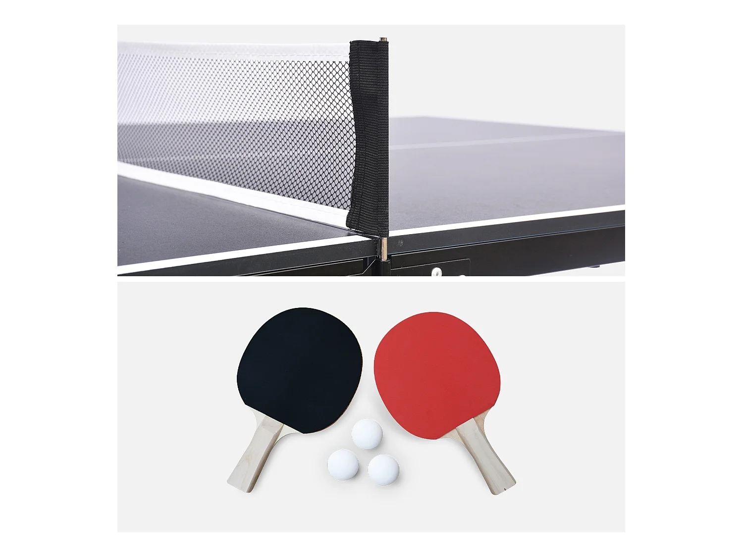 Table de ping pong d'intérieur médium. noir.  avec 2 raquettes et 3 balles