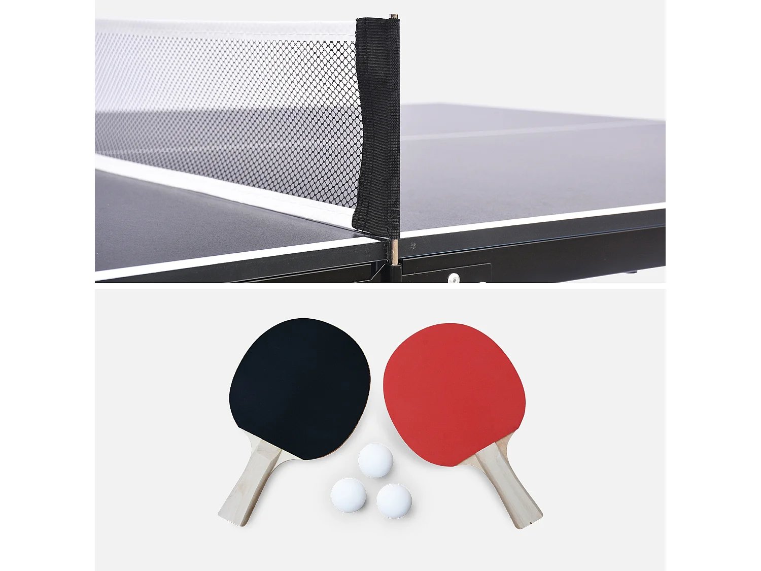Table de ping pong d'intérieur médium. noir.  avec 2 raquettes et 3 balles