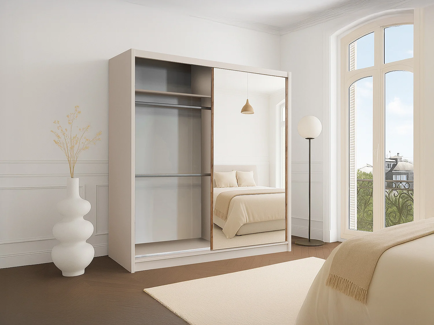 Armoire 2 portes coulissantes - Avec miroir - L203 cm - Coloris : Beige et naturel - CALOWI