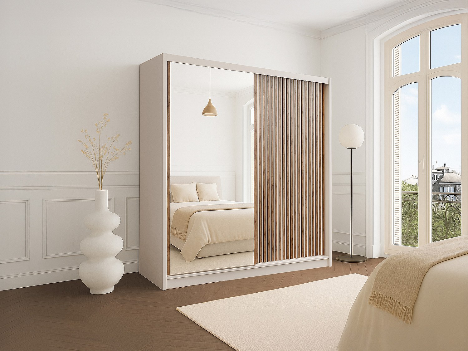 Garderobeskap med 2 skyvedører - Med speil - B203 cm - Farge: Beige og natur - CALOWI