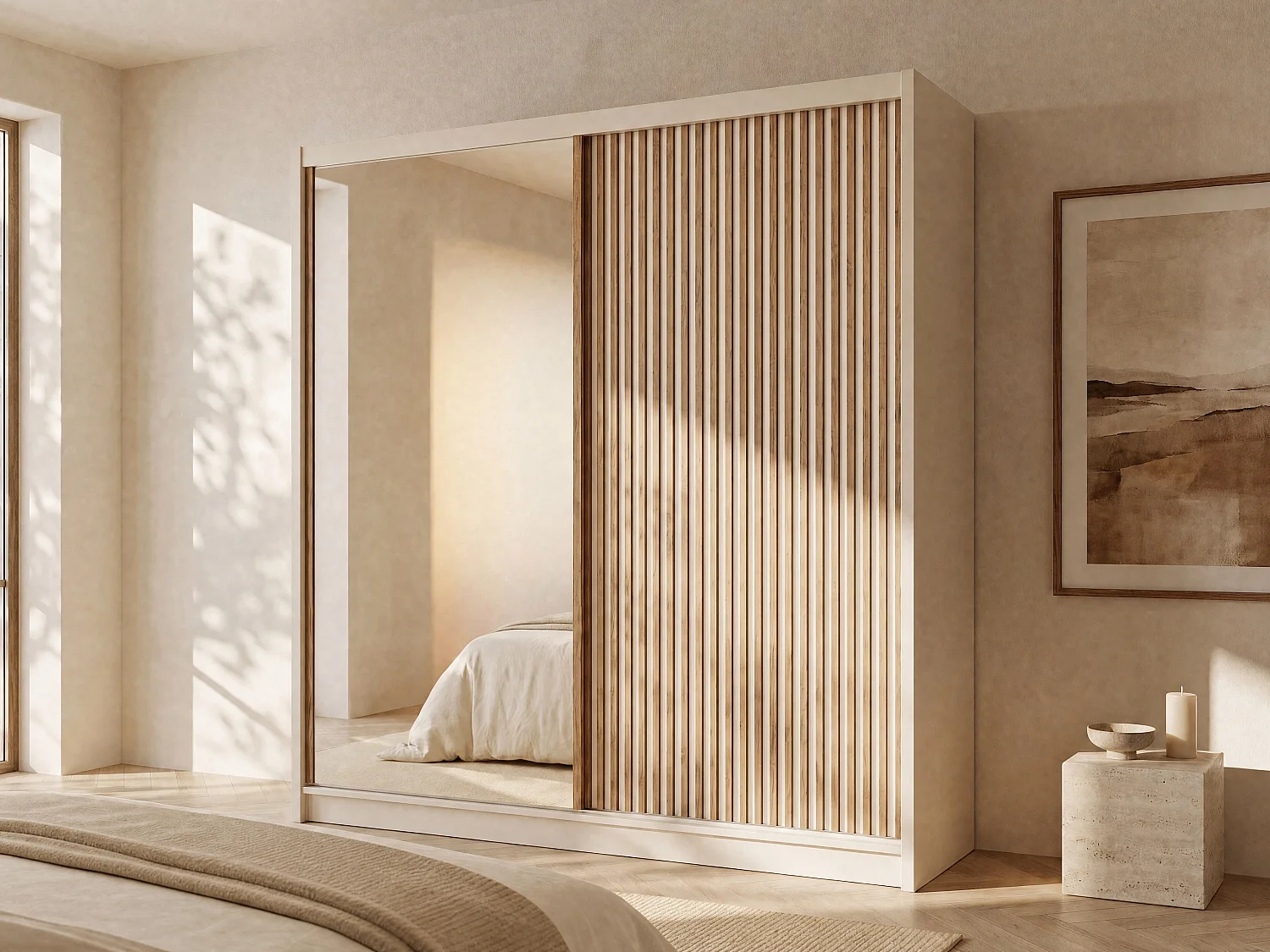 2-Door Sliding Wardrobe - With Mirror - W203 cm - Colour: Beige and Natural - CALOWI