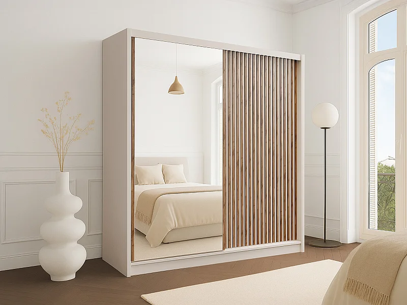 Armoire 2 portes coulissantes - Avec miroir - L203 cm - Coloris : Beige et naturel - CALOWI