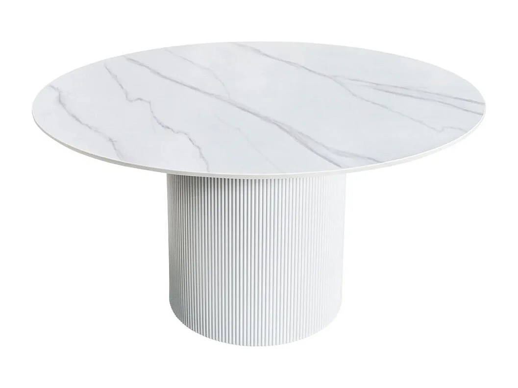 Table de salle à manger LUMEA – Ronde 120 cm – Effet marbre blanc – Pied central large – Style contemporain
