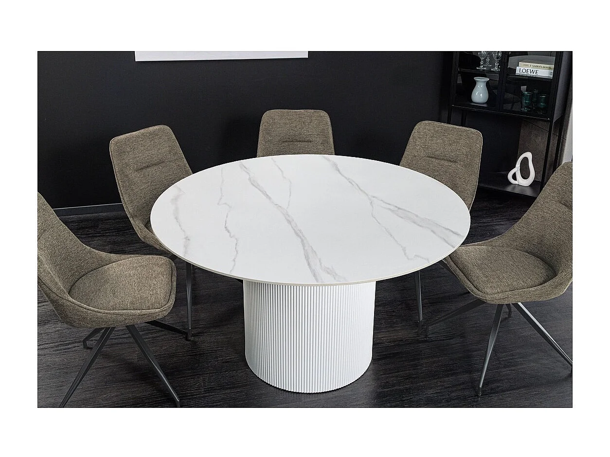 Table de salle à manger LUMEA – Ronde 120 cm – Effet marbre blanc – Pied central large – Style contemporain
