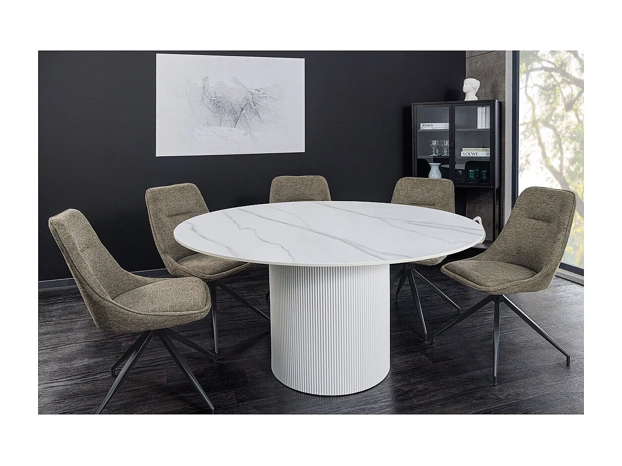 Table de salle à manger LUMEA – Ronde 120 cm – Effet marbre blanc – Pied central large – Style contemporain