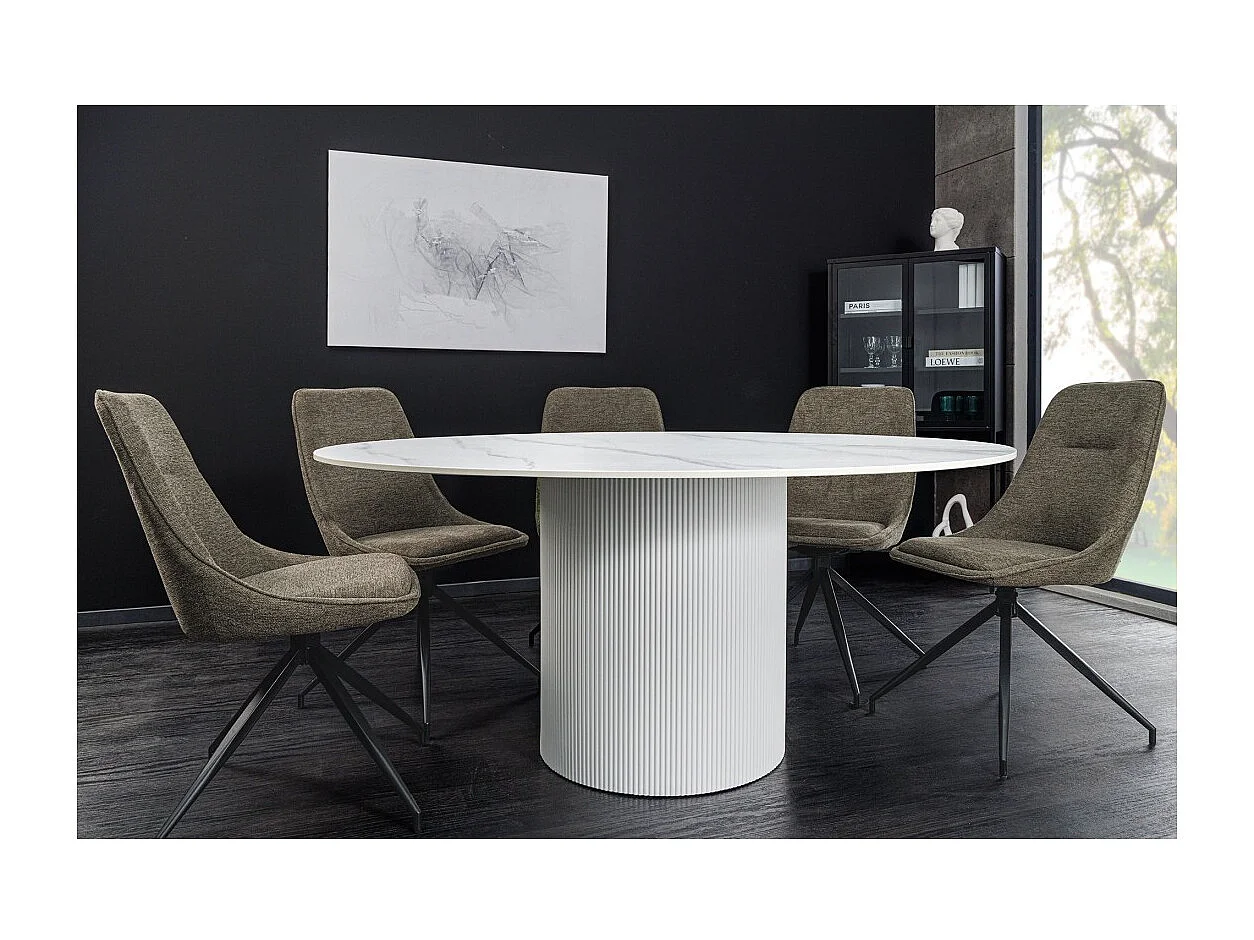 Table de salle à manger LUMEA – Ronde 120 cm – Effet marbre blanc – Pied central large – Style contemporain