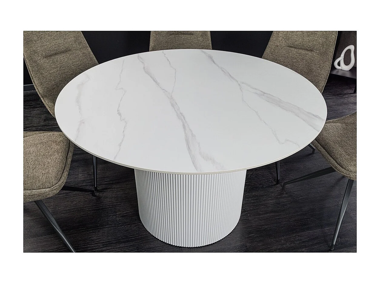 Table de salle à manger LUMEA – Ronde 120 cm – Effet marbre blanc – Pied central large – Style contemporain