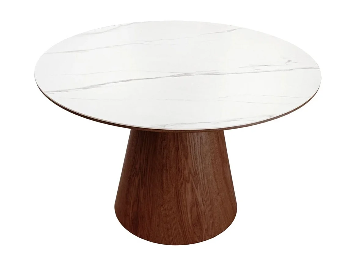 Table de salle à manger LUMEA – Ronde 120 cm – Plateau céramique effet marbre blanc – Ped en bois massif – Style contemporain