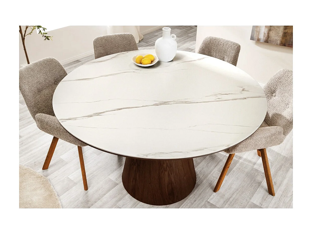 Table de salle à manger LUMEA – Ronde 120 cm – Plateau céramique effet marbre blanc – Ped en bois massif – Style contemporain