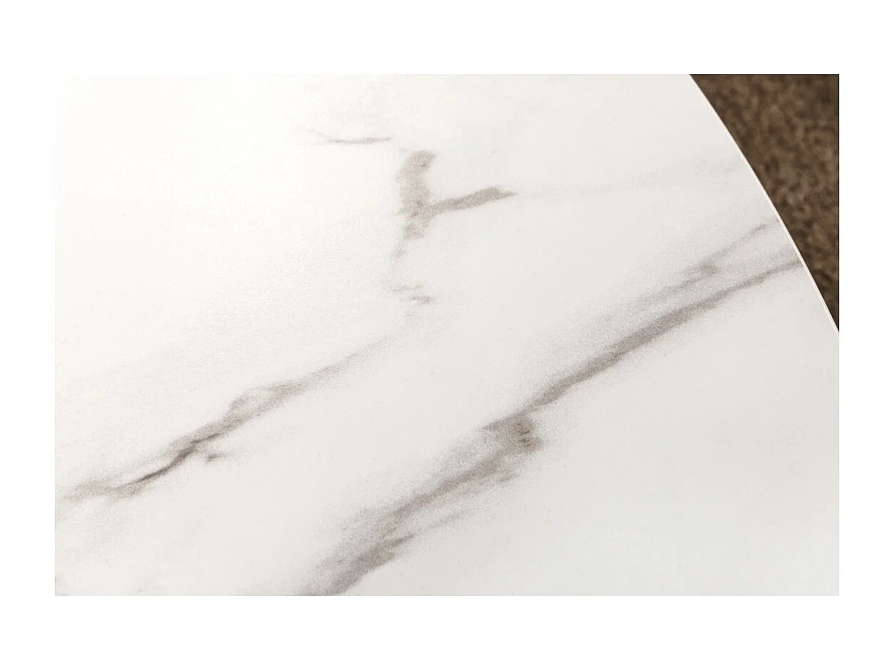 Table de salle à manger LUMEA – Ronde 120 cm – Plateau céramique effet marbre blanc – Ped en bois massif – Style contemporain