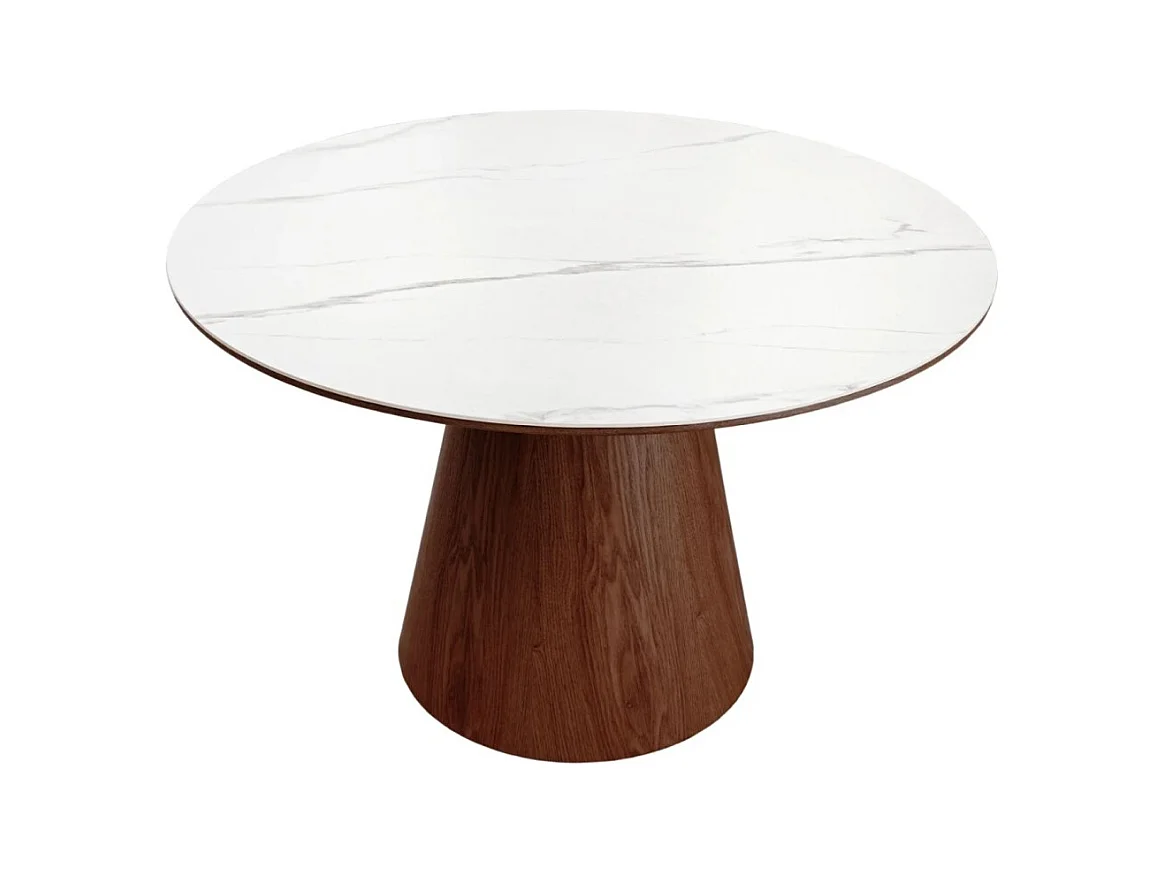 Table de salle à manger LUMEA – Ronde 120 cm – Plateau céramique effet marbre blanc – Ped en bois massif – Style contemporain