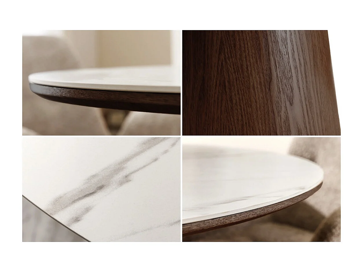 Mesa de comedor LUMEA – Redonda 120 cm – Tablero de cerámica efecto mármol blanco – Pie de madera maciza – Estilo contemporáneo