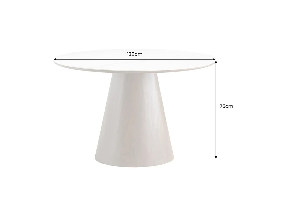 Table de salle à manger LUMEA – Ronde 120 cm – Plateau céramique effet marbre blanc – Pied plaqué en noyer – Style contemporain