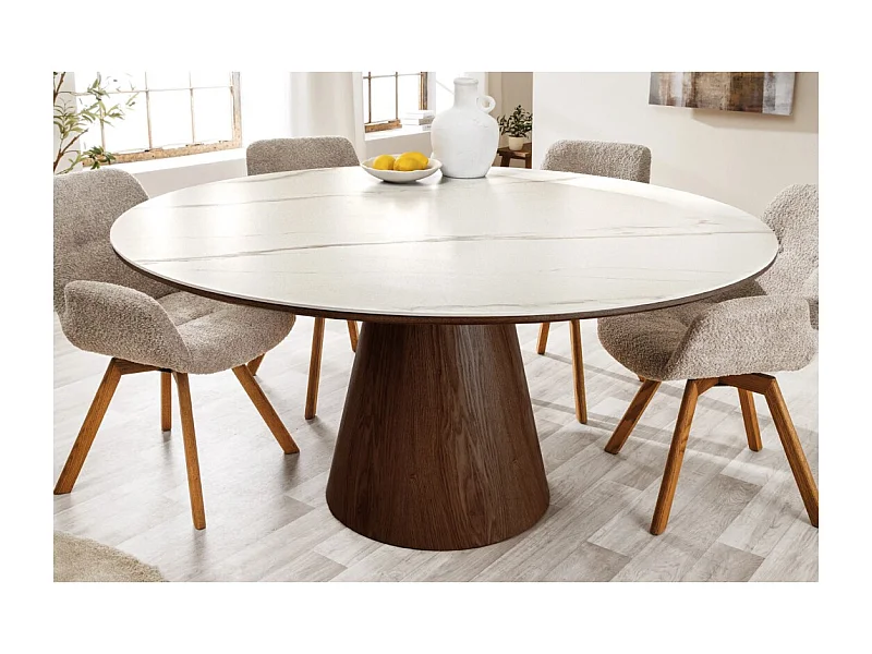 Tavolo da pranzo LUMEA – Rotondo 120 cm – Piano in ceramica effetto marmo bianco – Piede in legno massiccio – Stile contemporaneo