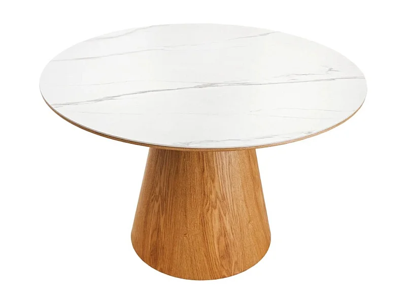 Table de salle à manger LUMEA – Ronde 120 cm – Plateau céramique effet marbre blanc et pied en noyer – Style contemporain