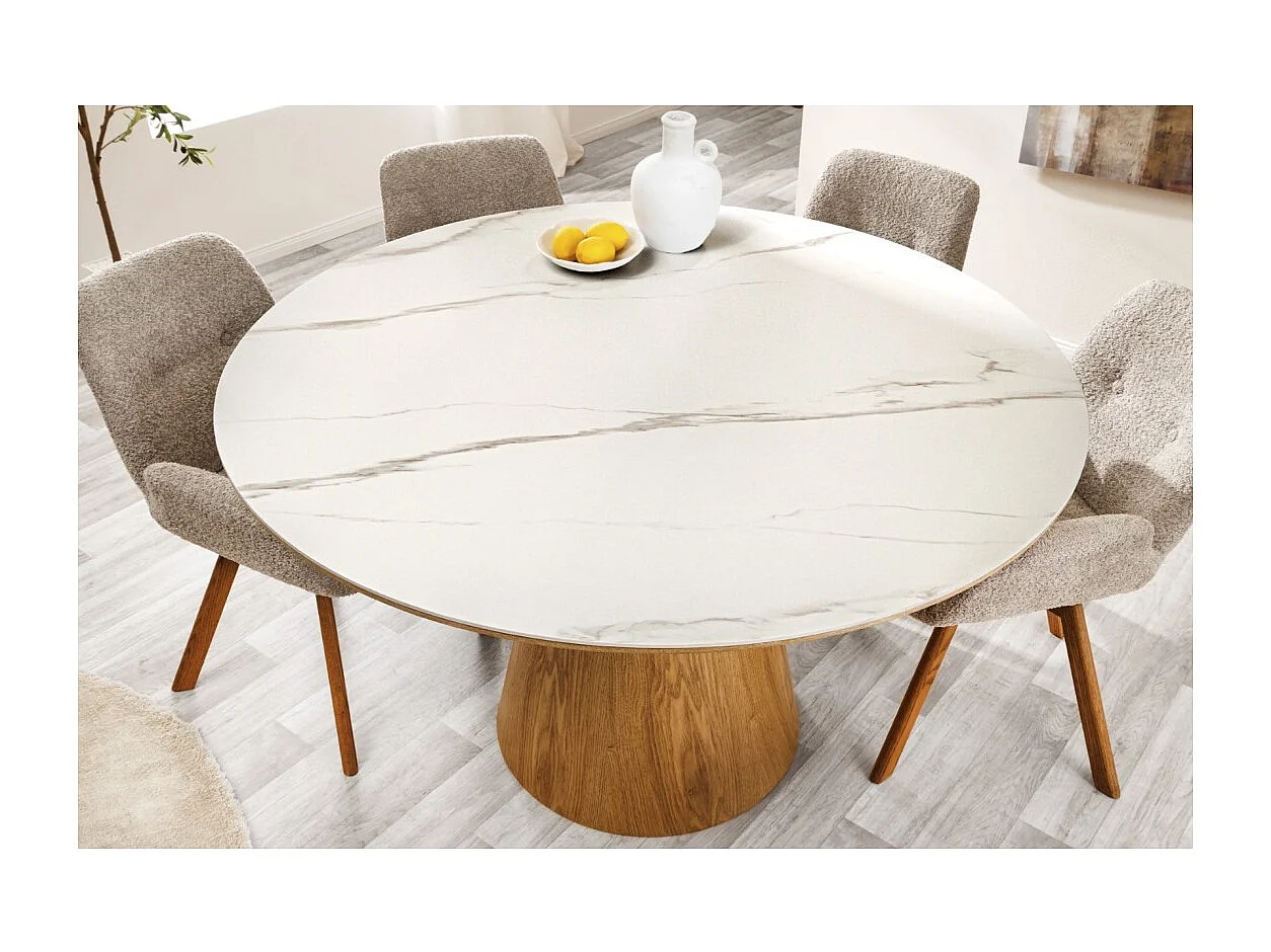Table de salle à manger LUMEA – Ronde 120 cm – Plateau céramique effet marbre blanc et pied en noyer – Style contemporain