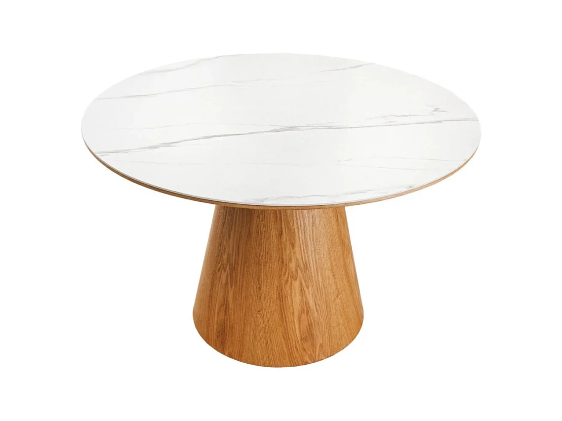 Table de salle à manger LUMEA – Ronde 120 cm – Plateau céramique effet marbre blanc et pied en noyer – Style contemporain