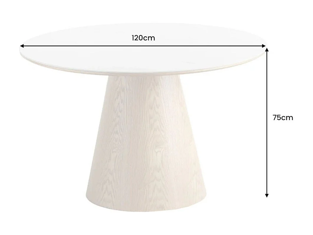 Table de salle à manger LUMEA – Ronde 120 cm – Plateau céramique effet marbre blanc et pied en noyer – Style contemporain