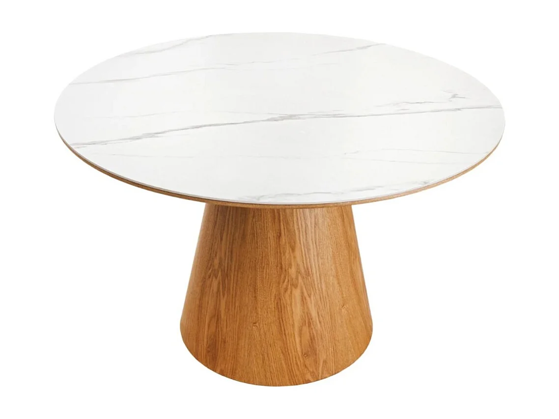 Tavolo da pranzo LUMEA – Rotondo 120 cm – Piano in ceramica effetto marmo bianco e piede in noce – Stile contemporaneo