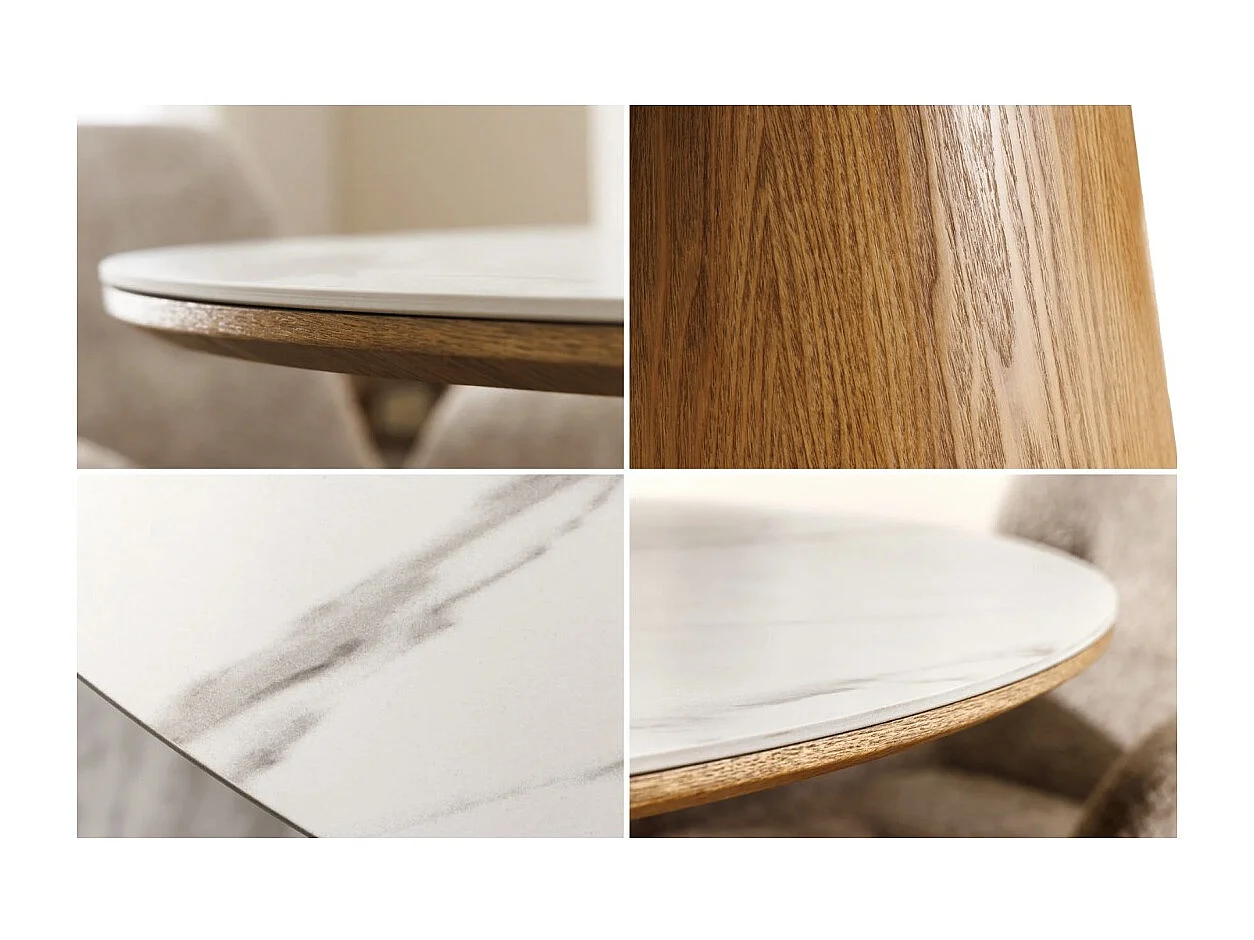 Tavolo da pranzo LUMEA – Rotondo 120 cm – Piano in ceramica effetto marmo bianco e piede in noce – Stile contemporaneo