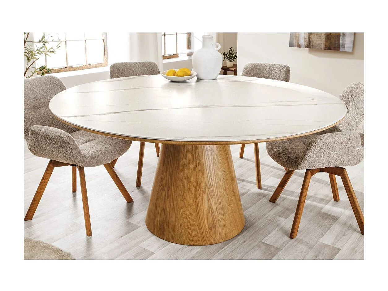 Table de salle à manger LUMEA – Ronde 120 cm – Plateau céramique effet marbre blanc – Style contemporain