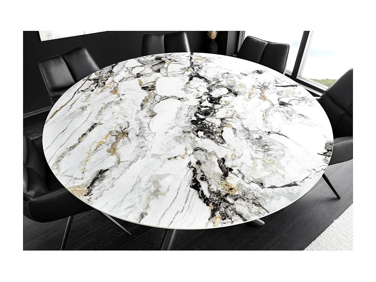 Table AXYA – Ronde 150 cm – Plateau en céramique et verre trempé effet marbre blanc avec plateau supérieur tournant