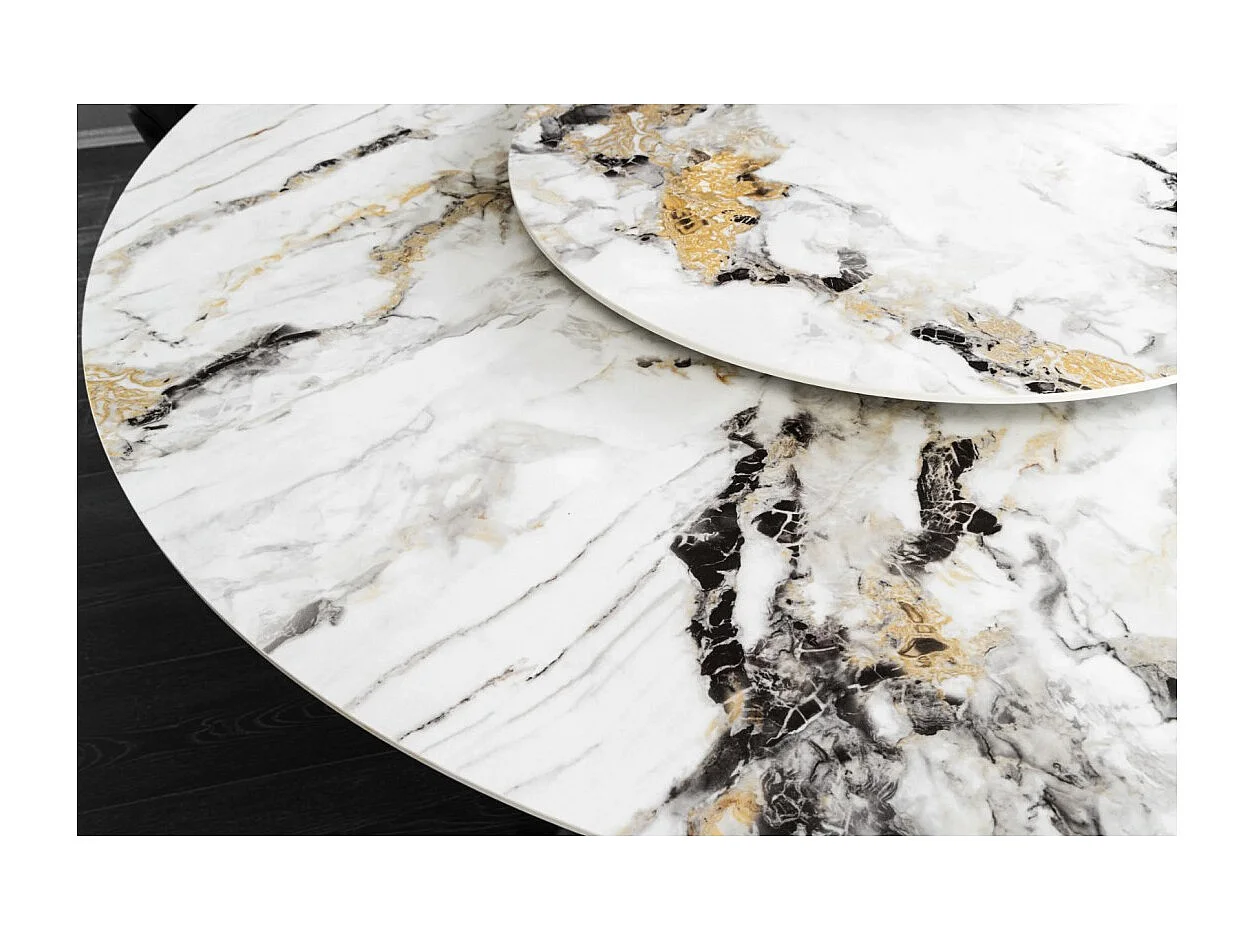 Table AXYA – Ronde 150 cm – Plateau en céramique et verre trempé effet marbre blanc avec plateau supérieur tournant