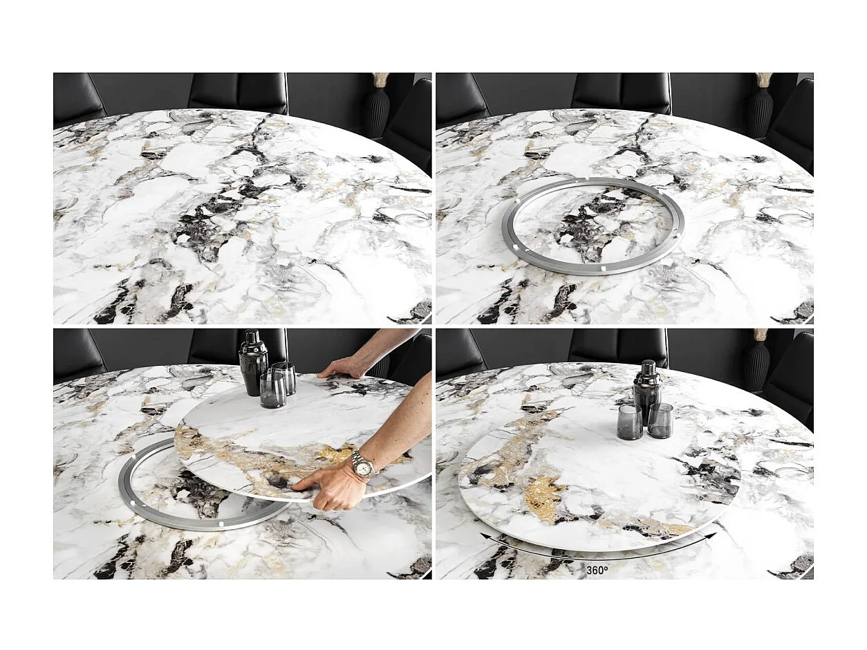 Table AXYA – Ronde 150 cm – Plateau en céramique et verre trempé effet marbre blanc avec plateau supérieur tournant