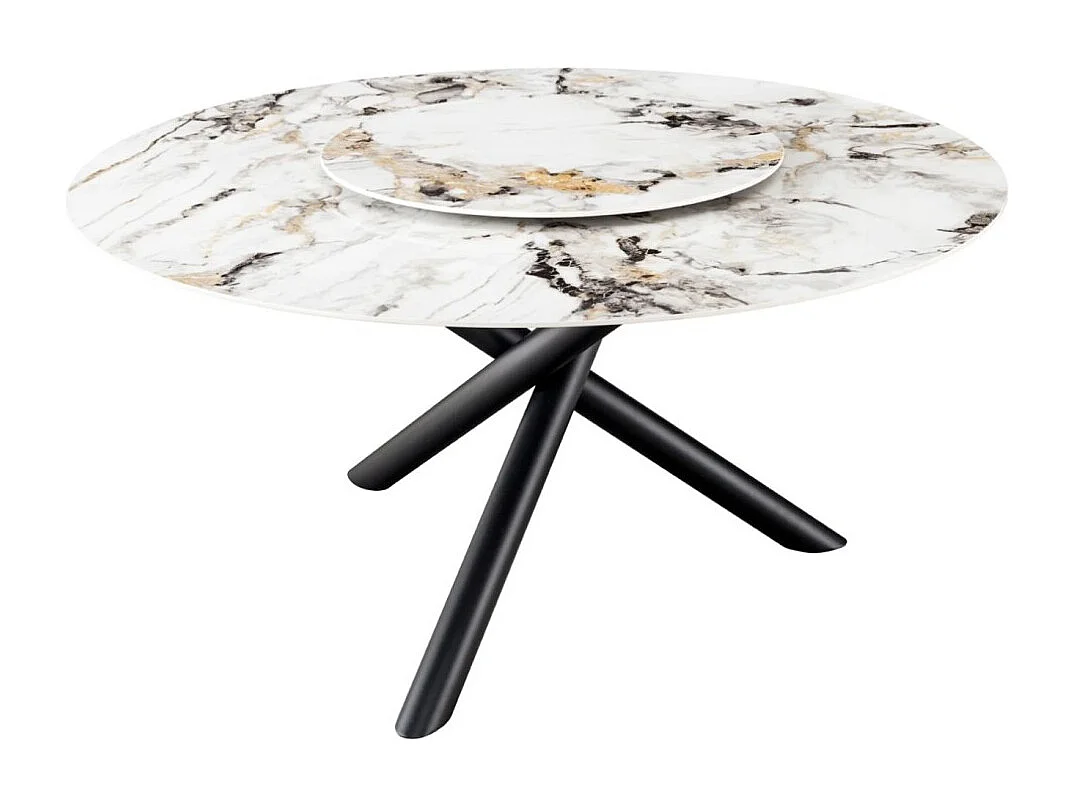 Table AXYA – Ronde 150 cm – Plateau en céramique et verre trempé effet marbre blanc avec plateau supérieur tournant