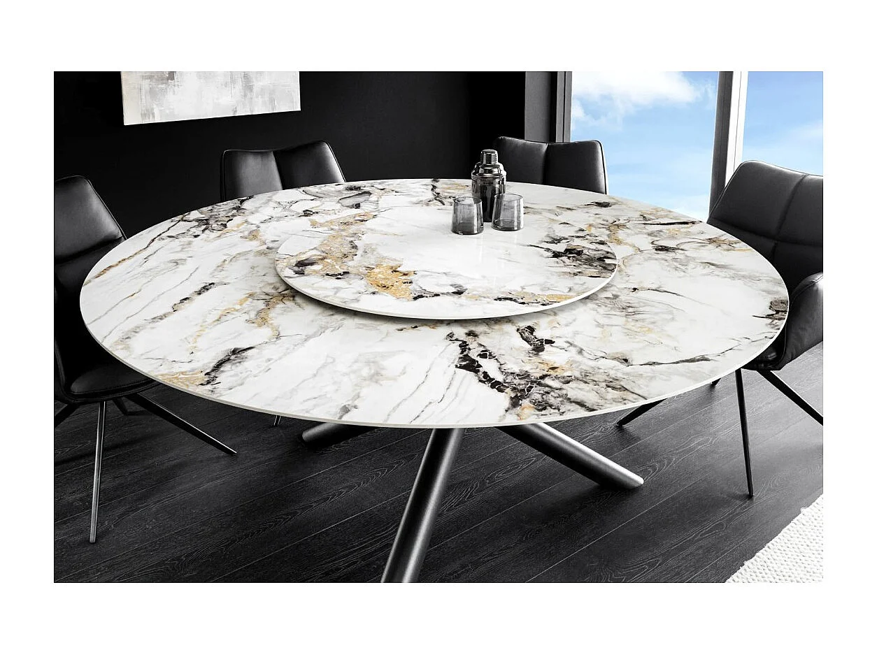 Table AXYA – Ronde 150 cm – Plateau en céramique et verre trempé effet marbre blanc avec plateau supérieur tournant