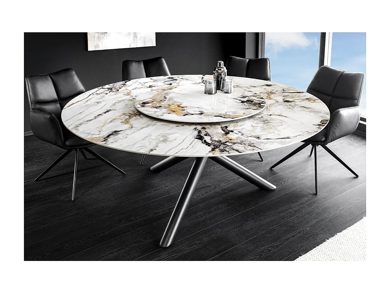Table AXYA – Ronde 150 cm – Plateau en céramique et verre trempé effet marbre blanc avec plateau supérieur tournant