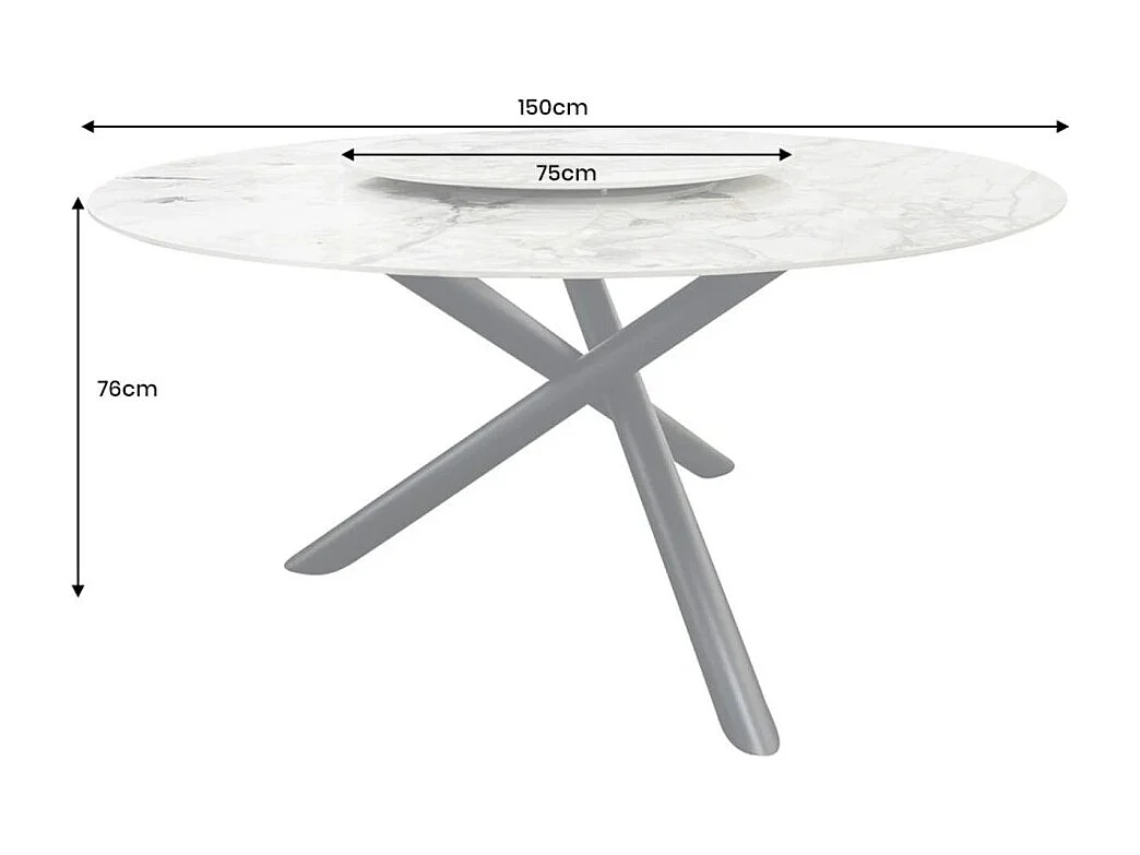 Table AXYA – Ronde 150 cm – Plateau en céramique et verre trempé effet marbre blanc avec plateau supérieur tournant