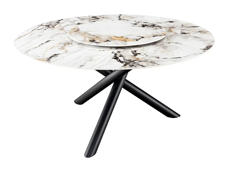 Table AXYA – Ronde 150 cm – Blad van keramiek en gehard glas met wit marmer effect en draaibaar bovenblad